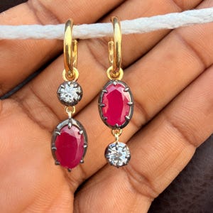 Oval Lab Grown Ruby Earrings, Georgian Cut Down Button Back Setting Earring, Ruby Wedding Earrings, Dangle Drop Ruby Earrings For Women