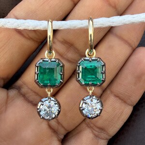 Georgian Cut Down Button Back Setting Multi-Shape Earring, Lab Grown Emerald Wedding Earrings For Women, Blacken Dangle & Drop Hoop Earrings