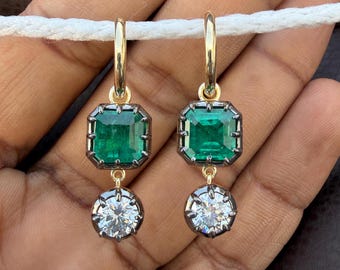 Georgian Cut Down Button Back Setting Multi-Shape Earring, Lab Grown Emerald Wedding Earrings For Women, Blacken Dangle & Drop Hoop Earrings