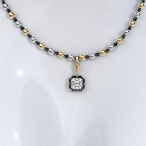 Asscher Collet Set Georgian Style Cut Down Button Back Moissanite Pendant, Edwardian Ball n Chain Necklace with Blackened Gold Links