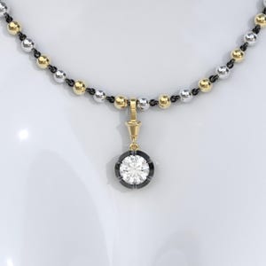 Round Collet Set Georgian Style Cut Down Button Back Moissanite Pendant Necklace, Edwardian Ball n Chain Necklace with Blackened Gold Links