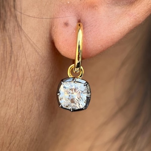 Cushion Lab Grown Diamond Earrings, Georgian Cut Down Button Back Setting Earring, Victorian Earrings, Blacken Gold Hoop Earrings