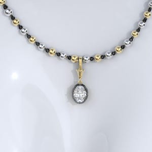 Oval Collet Set Georgian Style Cut Down Button Back Moissanite Pendant, Edwardian Ball n Chain Necklace with Blackened Gold Links