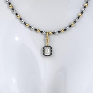 Emerald Collet Set Georgian Style Cut Down Button Back Moissanite Pendant, Edwardian Ball n Chain Necklace with Blackened Gold Links