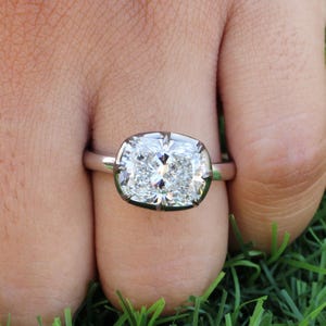 Georgian Cut Down Cushion Lab Grown Diamond Women Ring, Button Back Set Cushion Brilliant Moissanite Ring For Women, East West Women Ring