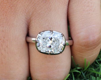 Georgian Cut Down Cushion Lab Grown Diamond Women Ring, Button Back Set Cushion Brilliant Moissanite Ring For Women, East West Women Ring