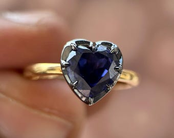 Georgian Cut Down Heart Cut Lab Grown Blue Sapphire Women Ring, Button Back Set Heart Shape Lab Grown Blue Sapphire Ring For Women