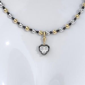Heart Collet Set Georgian Style Cut Down Button Back Moissanite Pendant, Edwardian Ball n Chain Necklace with Blackened Gold Links