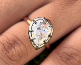 Georgian Cut Down Pear Lab Grown Diamond Women Ring, Button Back Set Certified Pear Cut Diamond Ring For Women, Blackened Gold Women Ring