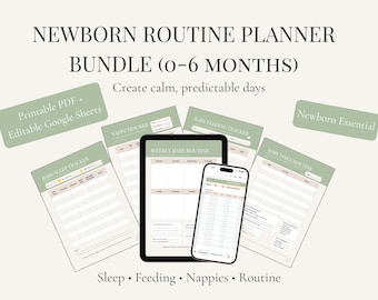 Pacchetto Baby Tracker, Agenda per la routine del neonato, Registro del sonno, dei pannolini e delle poppate (PDF) + Versione Google Sheets