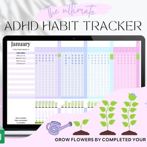 ADHD Habit Tracker Spreadsheet Template for Google Sheets, Digital Habit Tracker, Goal Tracker, Daily Weekly Monthly Habit Goal Planner