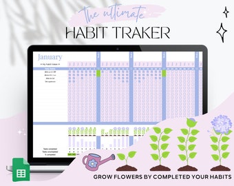 Habit Tracker Spreadsheet Template für Google Sheets, Digital Habit Tracker, Goal Tracker, Täglich Wöchentlicher Monatlicher Habit Planner, Goal Planner