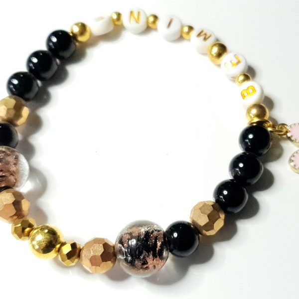 Semi Precious Beaded bracelet,Bracelet, Women bracelets,Charm,Handmade,Tigers Eye Bead,Mothers Day,Semi Precious Gems,Unisex,Love,Words,Bee,