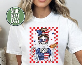 Fjärde juli skelettflicka rolig amerikansk varmkorv och dryck t-shirt, rolig varmkorvskjorta, skelettälskare tee, presenttröja för patriotisk - JUL045