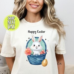 Camiseta alegre de coelho com cesta de Páscoa, presente de Páscoa feliz, camiseta de coelho de Páscoa, camiseta feminina de coelho, camiseta de Páscoa para ela-TC010