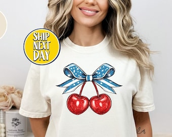 4 juli Coquette Cherry T-shirt, T-shirt Amerikaanse vlag Cherry Bows, schattig 4 juli-T-shirt, patriottische kers tshirt, Amerikaans shirt-JUL012
