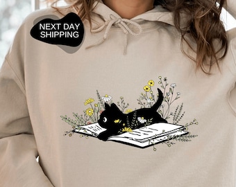 Sudadera con capucha con diseño de gato, regalo para amantes de los gatos, sudadera con diseño de gato, sudadera con capucha para amantes de los gatos, lindo gato acostado sobre un libro, lectura de libros - FA014