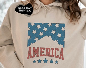 Retro American Hoodie, 4th of July Hoodie, Patriotic Hoodie, Gift for Patriot, Happy 4th of July Hoodie, American Flag Hoodie - JUL003