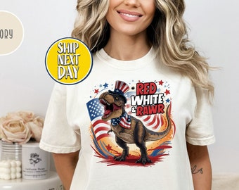 T-shirt patriotique dinosaure, t-shirt rouge blanc et brut, t-shirt célébration du 4 juillet, t-shirt drapeau américain, chemise drôle de jour de l'indépendance - JUIL018