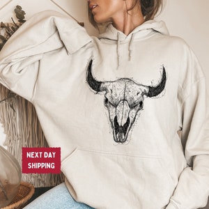 Boho Cow Skull Hoodie, Cowgirl Sweatshirt, Wild West Shirt, Western Graphic Tee, Bull Skull Shirt, Howdy shirt, Western Clothing - DG013