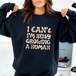 Może przedstawiać: Czarna bluza z napisem "I Can't, I'm Busy Growing a Human" w pastelowych kolorach. Bluza ma okrągły dekolt. Obraz zawiera również gramofon i słowa "Next Day Shipping".