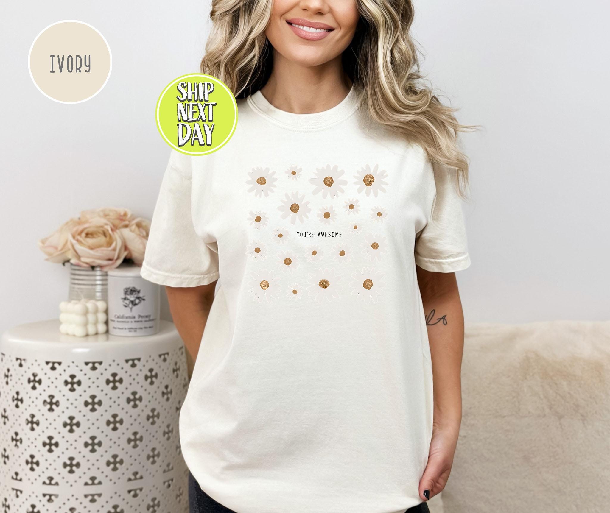 White Daisy Pattern With 'you're Awesome' Tshirt, Daisy Flower Tee