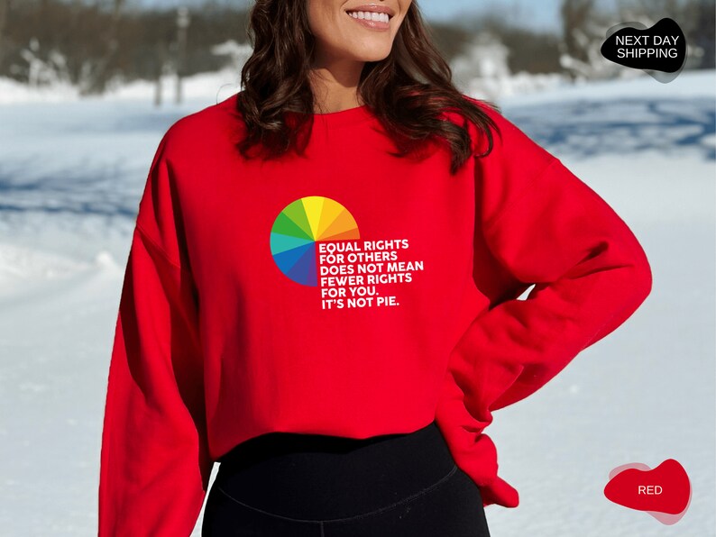 Op de afbeelding: Rood sweatshirt met een regenboogtaart-afbeelding en de tekst "Gelijke rechten voor anderen betekent niet minder rechten voor jou. Het is geen taart."