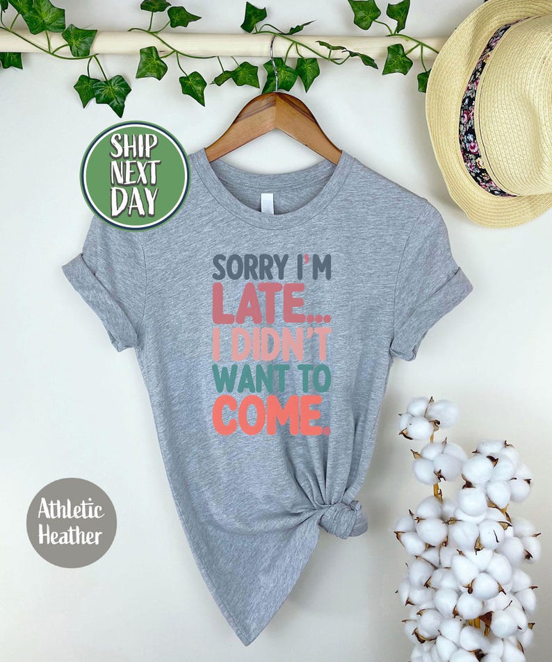 May include: Gray t-shirt with the text "Sorry I'm Late... I Didn't Want To Come" in colorful letters.