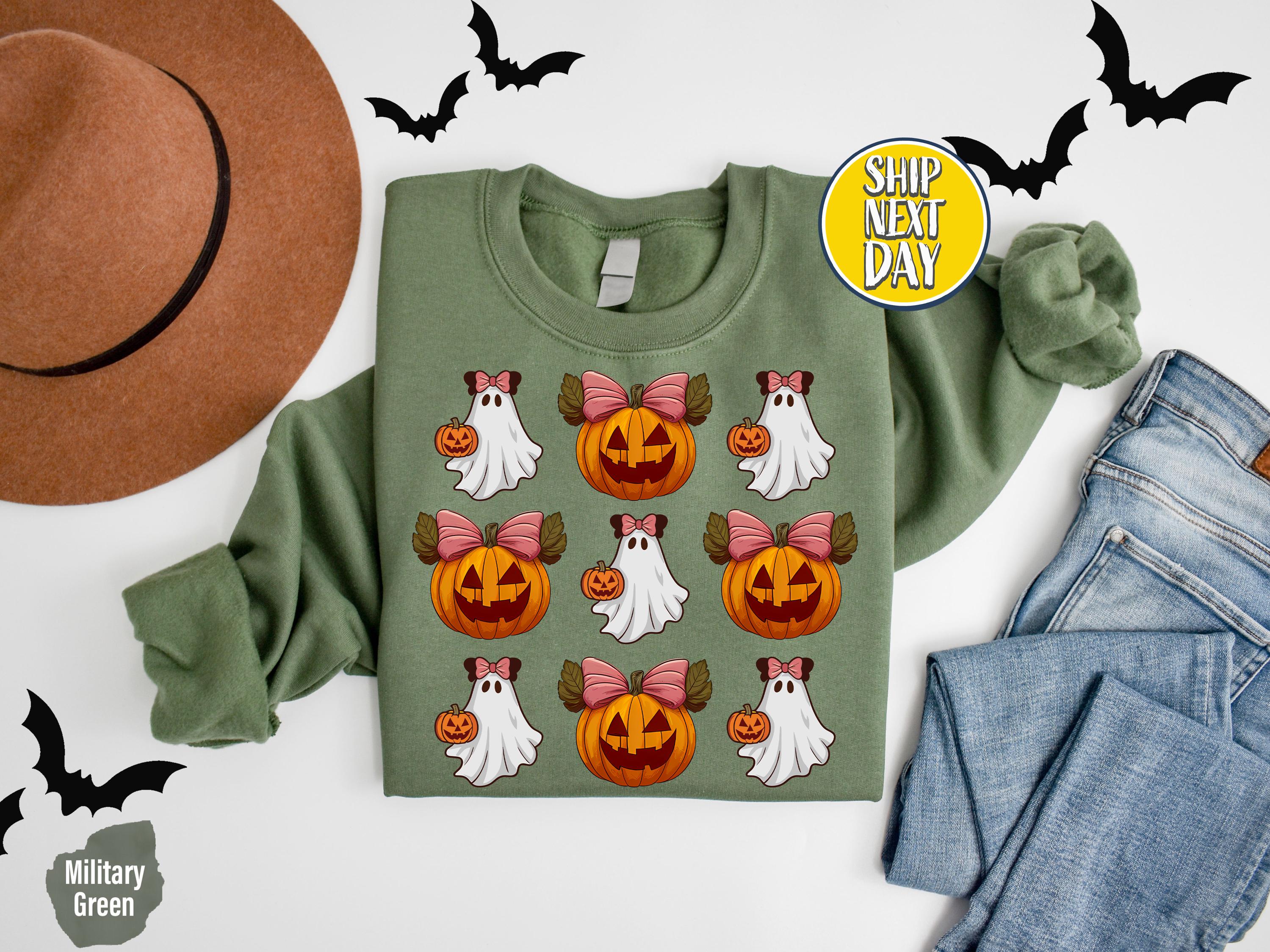Halloween Cute Ghost Pumpkin Bow Sweatshirt, Coquette Halloween Shirt, Spooky Vibes Shirts, Autumn Sweatshirt, Funny Ghost Hoodie -HF093