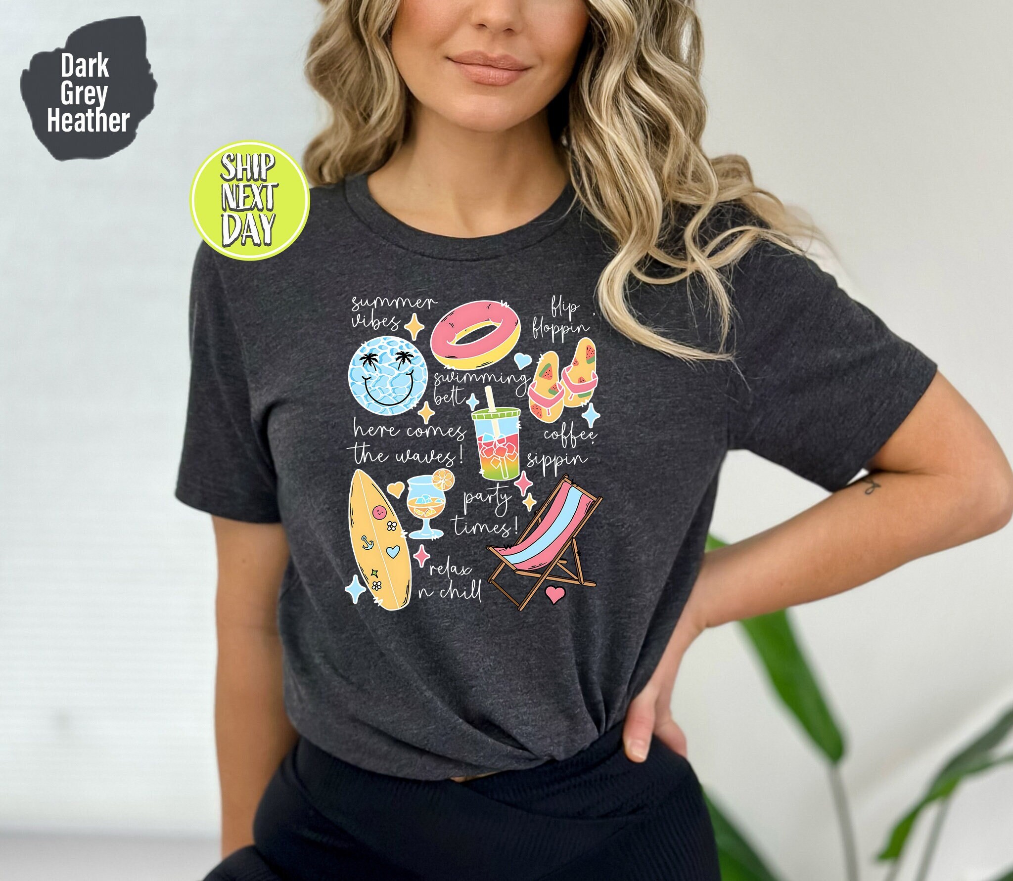 Summer Vibes T-Shirt, Beach Party Tee, Swimming Pool Fun Shirt, Flip Flops tshirt, Relax And Chill, Surfboard T-Shirt, Coffee Sippin  -DG123