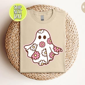 Halloween Cute Flower Ghost T-Shirt: Vintage Ghost Shirts, Ghosts With Flowers Tees, Spooky Season Tee -HF075