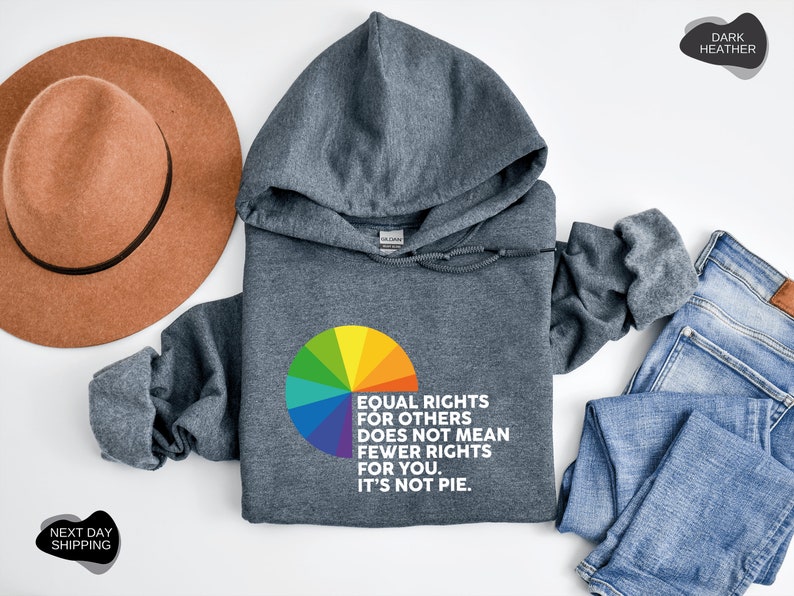 Op de afbeelding: Donkergrijze hoodie met een regenboog-taartdiagram en de tekst "Gelijke rechten voor anderen betekent niet minder rechten voor jou. Het is geen taart."