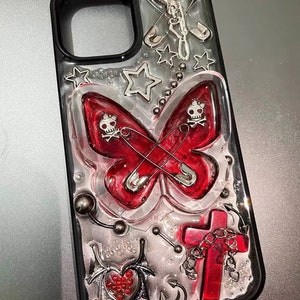 Goth Style Bloody Butterfly  Phone Case,Handmade Clear Phone Case for iphone 11 iphone 12 iphone 13 iphone 14 Pro Max