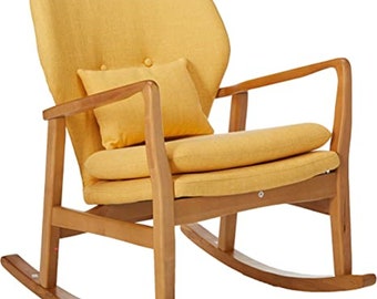Modern fabric rocking chair in pale yellow/light walnut