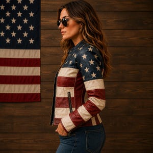 May include: A leather jacket featuring a design inspired by the American flag, with a dark blue upper section adorned with white stars and a lower section displaying horizontal red and white stripes. The jacket includes a front zipper and side pockets.