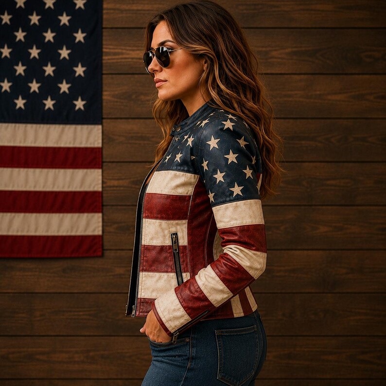May include: A leather jacket featuring a design inspired by the American flag, with a dark blue upper section adorned with white stars and a lower section displaying horizontal red and white stripes. The jacket includes a front zipper and side pockets.