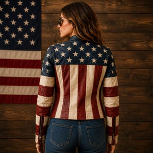 May include: A leather jacket featuring a distressed American flag pattern with a dark blue yoke adorned with white stars and vertical red and off-white stripes on the body and sleeves, complete with metal zippers at the sleeve cuffs.