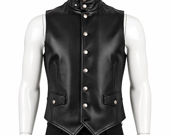 Men's Black Leather Vest, Gothic Steampunk Waistcoat, Motorcycle Biker Vest, Sleeveless Stand Collar Vest, Medieval Costume, LARP Outfit