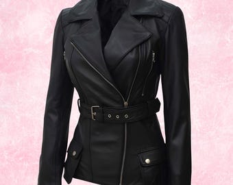 Women's Black Leather Jacket, Genuine Leather Jacket Women, Biker Leather Coat, Motorcycle Jacket, Classic Fashion Outerwear