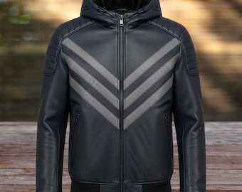 Men's Black Genuine Leather Hoodie Jacket | Handmade Biker Coat