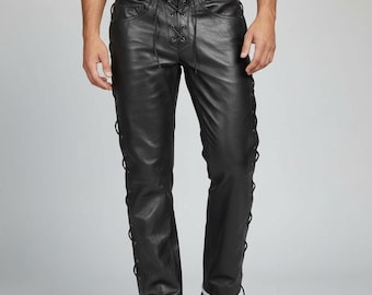 Men's Black Leather Pants, Genuine Leather Trousers, Slim Fit Biker Pants, Handmade Motorcycle Leather Pants for Men