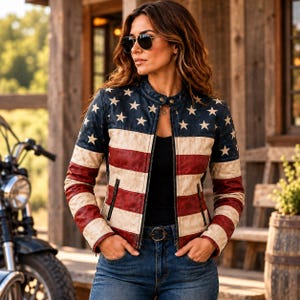Op de afbeelding: Een leren jas met een verweerde Amerikaanse vlagprint, met een blauw vlak met witte sterren op de schouders en borst, en horizontale rode en witte strepen over de romp en mouwen, voorzien van een ritssluiting en een drukknoopkraag.