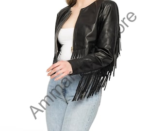 Handmade Black Leather Fringe Biker Jacket - Western Style Personalized Women Leather Shirt