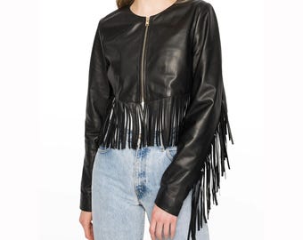 Women’s Black Leather Fringe Jacket, Western Motorcycle Jacket, Boho Biker Jacket, Long Fringe Leather Coat, Festival Outerwear