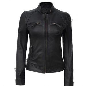 Dames zwarte leren jas, getailleerde motorjas, bikerjas, leren jas met rits, modieuze motorjas