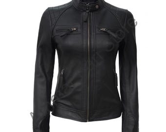 Women’s Black Leather Jacket, Fitted Motorcycle Jacket, Biker Jacket, Zip Up Leather Jacket, Moto Fashion Outerwear