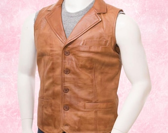 Handgefertigte Braune Lederweste: Herren Biker Style, Slim Fit