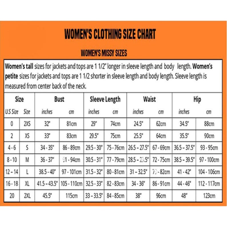 May include: A rectangular clothing size chart with an orange header titled WOMEN'S CLOTHING SIZE CHART. The table lists U.S. sizes from 0 to 20, corresponding to bust, sleeve length, waist, and hip measurements in both inches and centimeters.