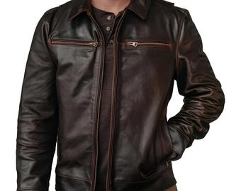 メンズ ブラウンレザー モーターサイクルジャケット、スタイリッシュな