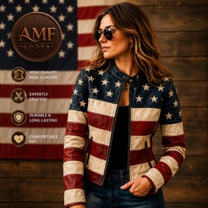 May include: A leather jacket featuring the American flag pattern with a blue upper section with white stars and red and white horizontal stripes on the lower body and sleeves. The jacket has a stand-up collar with snap buttons and front zipper pockets.